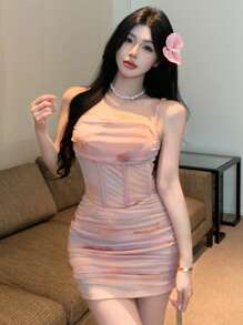 DAZY Đầm hai dây ôm sát in họa tiết tie-dye mùa hè, đầm ôm sát cơ thể cho mùa tốt nghiệp, đầm nữ thường ngày, trang phục đi nghỉ mát, du lịch biển cho nữ. - Hồng - Xem 5