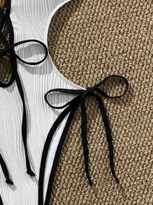 Swim SXY Women's Casual Vacation Beach Halter Sexy Black & White One Piece Swimsuit For Summer