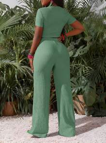 Slaydiva 新款休闲基础运动风春夏圆领短袖截短T恤+阔腿超长裤玫红色条纹纹理针织面料女两件套-I - 綠色 - 查看 3