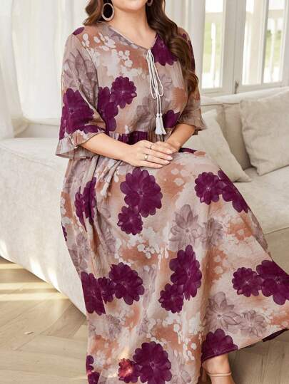 Lacomfia Plus Size Women Floral Print Maxi A-Line Arabic Style Dress