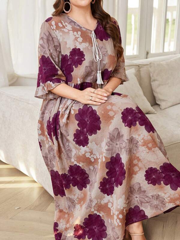 Lacomfia Rochie lungă cu imprimeu floral și linie A, stil arab, mărime mare, pentru femei