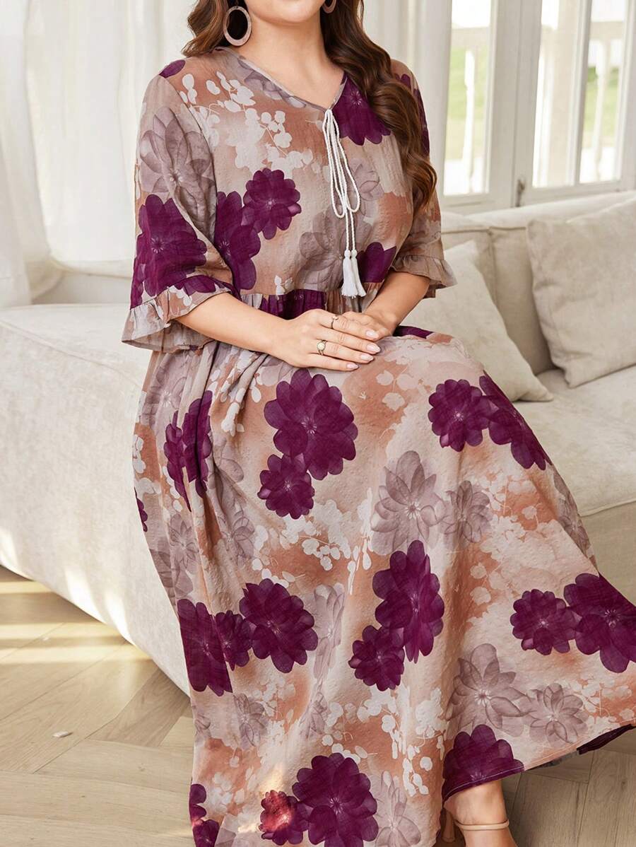 Lacomfia Vestido maxi estilo árabe de línea A con estampado floral para mujer de talla grande