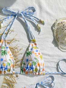 Swim Mod Women's Fashion Sexy Digital Printed Halter Bikini Top Set, Beachwear Swimwear For Summer Beach Vacation - Multicolor - View 3