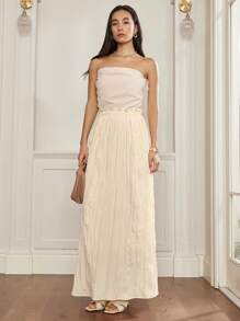 Dazy-Less Saia Chiffon Plissada Elegante com Cintura, Casual Commute Verão Negócios Casual Feminina - Bege - Visão 3