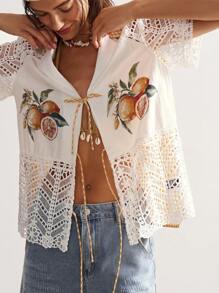 Bohemela Camisa casual de manga corta con cuello para mujer, de patchwork tejido a cuadros - Blanco - Ver 6