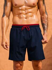 Manfinity KASUA Men's Contrast Color Drawstring Waist Double Layer Casual Beach Shorts, Holiday - Navy Blue - View 4
