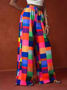 Zivah 2025夏季新款度假宽松高腰彩色格子女裤，音乐节，复活节，波西米亚风，西部游牧风，休闲风，海滩度假，海边，日常出游，网红风，休闲风 - 彩色 - 查看 5