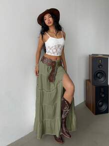 Siren Gaze 2025 Boho Beach Skirts For Women - High-Slit Linen-Blend Tiered Maxi Skirt With Elastic Waist & Lace Trim, Music Festival Essentials & Vacation | Summer A-Line Skirt,Summer For Women,Vacation Woman,Beach For Women Summer Skirt Bohemian Green Christmas Holiday Resort