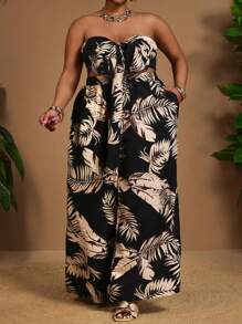 SHEIN CURVE+ مجموعة قطعتين من ملابس علوية كروب مطبوعة بنباتات استوائية مع عقدة وبنطلون واسع الساق لمقاسات كبيرة، ملابس للعطلات، منحنيات زائدة، بوهيمي للعطلات، ملابس عطلات شاطئية للمرأة/فستان شاطئي/ملابس عطلات شاطئية/أساسيات شاطئية/تخرج/فستان حفلة الشاي/صيف/ريفي/ملابس عطلات شاطئية/ملابس شاطئية/ملابس شاطئية