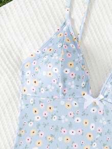 SHEIN Swim 碎花比基尼泳装套装，细肩带泳衣带蝴蝶结装饰，甜美女孩夏季度假海滩巡游泳池派对女士泳装 - 淺藍色 - 查看 3