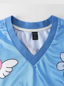 ROMWE MEN Prep Men's Jersey Cartoon Mesh Patchwork Sports Short Sleeve T-Shirt
