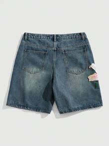 ROMWE MEN Casual 男士亮片花卉口袋休闲牛仔工装短裤 - 黑色 - 查看 2