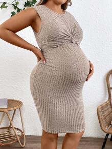 Plussiva Vestido de enfermería informal de color liso con retorcido tipo ajustado para embarazadas - Albaricoque - Ver 4