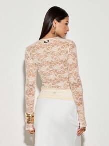 AiiRZ Sheer Lace Fitted Round Neck Thumb Hole Top Black - Baby Pink - View 2