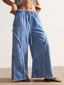 Bohemela Pantalones vaqueros anchos de mujer en unicolor vintage trenzados y sueltos con abertura lateral estilo bohemio