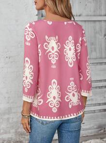 EMERY ROSE Women's Holiday Floral Print Round Neck 3/4 Sleeve Casual Loose Shirt