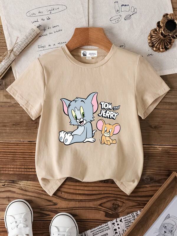 TOM & JERRY X SHEIN Camiseta de manga corta con cuello redondo, gráficos de dibujos animados y letras, de verano, para niño