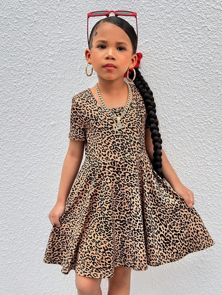 年轻女孩针织豹纹紧身圆领连衣裙，猎豹印花连衣裙 - 棕色 - 查看 1