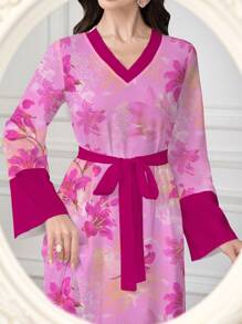 Al Najma 女式花卉印花V领扭纹长袖连衣裙 - 彩色 - 查看 3