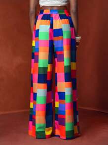 Zivah 2025夏季新款度假宽松高腰彩色格子女裤，音乐节，复活节，波西米亚风，西部游牧风，休闲风，海滩度假，海边，日常出游，网红风，休闲风 - 彩色 - 查看 2