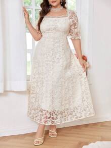 Modelyn Vestido de talla grande de unicolor elegante con jacquard - Albaricoque - Ver 1