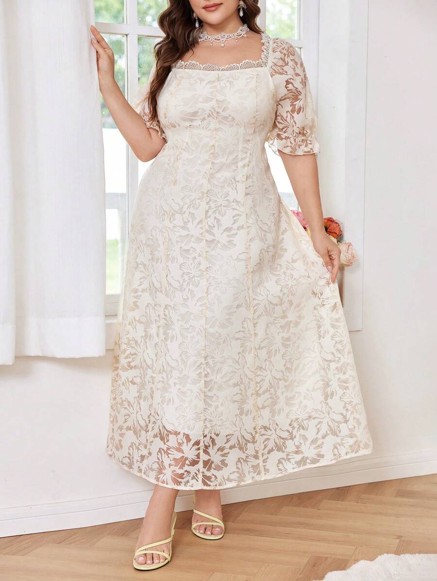 Modelyn Vestido de talla grande de unicolor elegante con jacquard - Albaricoque - Ver 1