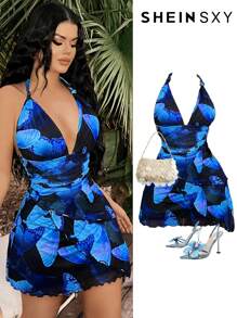 SHEIN SXY 女士性感、优雅、可爱的网眼蝴蝶印花露背迷你连衣裙，适合海岛度假、假日、海滩、日常、约会、聚会、派对、夜间外出 - 彩色 - 查看 1