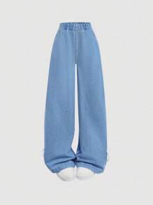 SHEIN Girlism 少女蓝色宽松阔腿牛仔裤，侧边蝴蝶结，春夏休闲度假乡村波西米亚风装