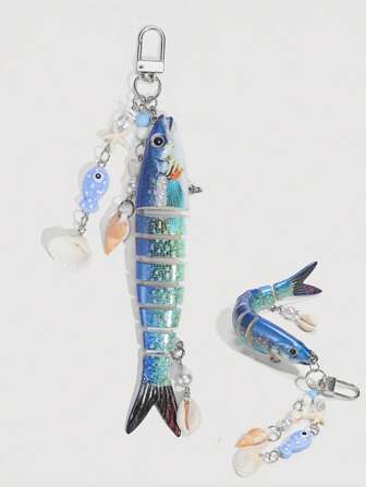 Kawaii 1pc Handmade Sea Shell Fish Keychain, Bionic Fishing Lure, Multi-Section Fish Hook Pendant In Vacation/Ocean Style