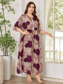 Lacomfia Vestido maxi estilo árabe de línea A con estampado floral para mujer de talla grande