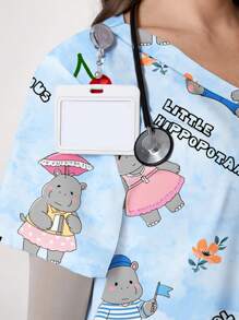 Plus Size Women Letter & Cartoon Print V-Neck Short Sleeve Pocket Nursing Scrubs Top - Blue - View 5