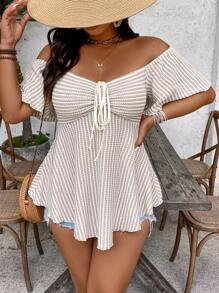 SHEIN VCAY Vintage Plus Size Casual Holiday Spring/Summer Beachside Boho Jacquard Striped Off-Shoulder Drawstring Colorful T-Shirt, Mother Day, Vacation Woman, Rave Off The Shoulder Summer Tops - Beige - View 4