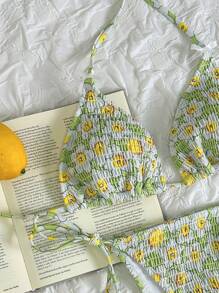 Swim Mod 2pcs/Set Women Summer Beach Vacation Style Random Floral Print Cute Bowknot Decor Swimwear Set - Multicolor - View 6