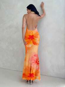 Aloruh Vestido largo con efecto tie-dye naranja, estampado de hibisco y cuello suelto y drapeado, para mujeres, adecuado para vacaciones, playa, fiestas y resorts, estilo veraniego - Multicolor - Ver 2
