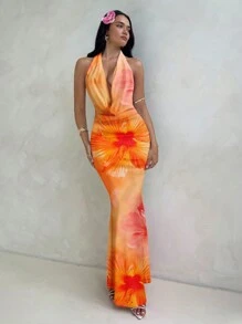 Aloruh Vestido largo con efecto tie-dye naranja, estampado de hibisco y cuello suelto y drapeado, para mujeres, adecuado para vacaciones, playa, fiestas y resorts, estilo veraniego - Multicolor - Ver 3