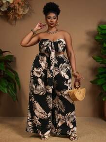 SHEIN CURVE+ مجموعة قطعتين من ملابس علوية كروب مطبوعة بنباتات استوائية مع عقدة وبنطلون واسع الساق لمقاسات كبيرة، ملابس للعطلات، منحنيات زائدة، بوهيمي للعطلات، ملابس عطلات شاطئية للمرأة/فستان شاطئي/ملابس عطلات شاطئية/أساسيات شاطئية/تخرج/فستان حفلة الشاي/صيف/ريفي/ملابس عطلات شاطئية/ملابس شاطئية/ملابس شاطئية