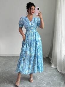 Rafferiza 优雅V领泡泡袖复古星空印花荷叶边下摆连衣裙，春夏 - 藍色 - 查看 5