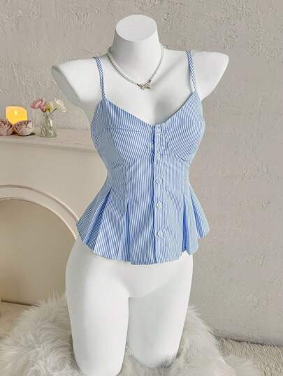 Sweetina Blusa superior de tirantes de mujer con pliegues, cierre delantero de botones, estilo de rayas azules, para vacaciones de verano casual