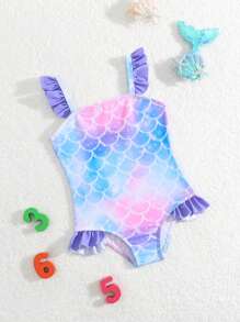SHEIN Baby Girl Ruffled Fish Scale Printed One-Piece Swimsuit - Multicolor - View 1