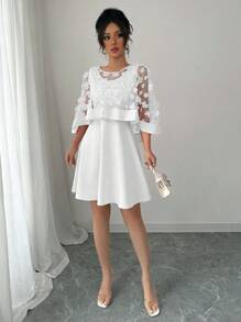 Elenzga 女士樱花透视披肩领纯色优雅连衣裙