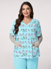 Blusa de escote en V de manga corta con estampado de bicicleta para mujer de talla grande - Multicolor - Ver 1