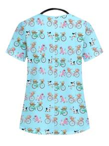 Blusa de escote en V de manga corta con estampado de bicicleta para mujer de talla grande - Multicolor - Ver 10