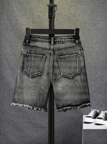 SHEIN Tween Boy Casual Distressed Frayed Hem Pocket Denim Shorts, Versatile Ripped Jean Shorts Kids Black Jean Shorts - Black - View 2