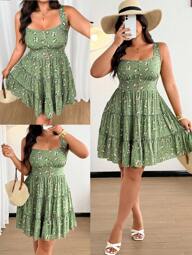 Flirla Plus Size Women Summer Chic Ditsy Floral Strappy A-Line Dress