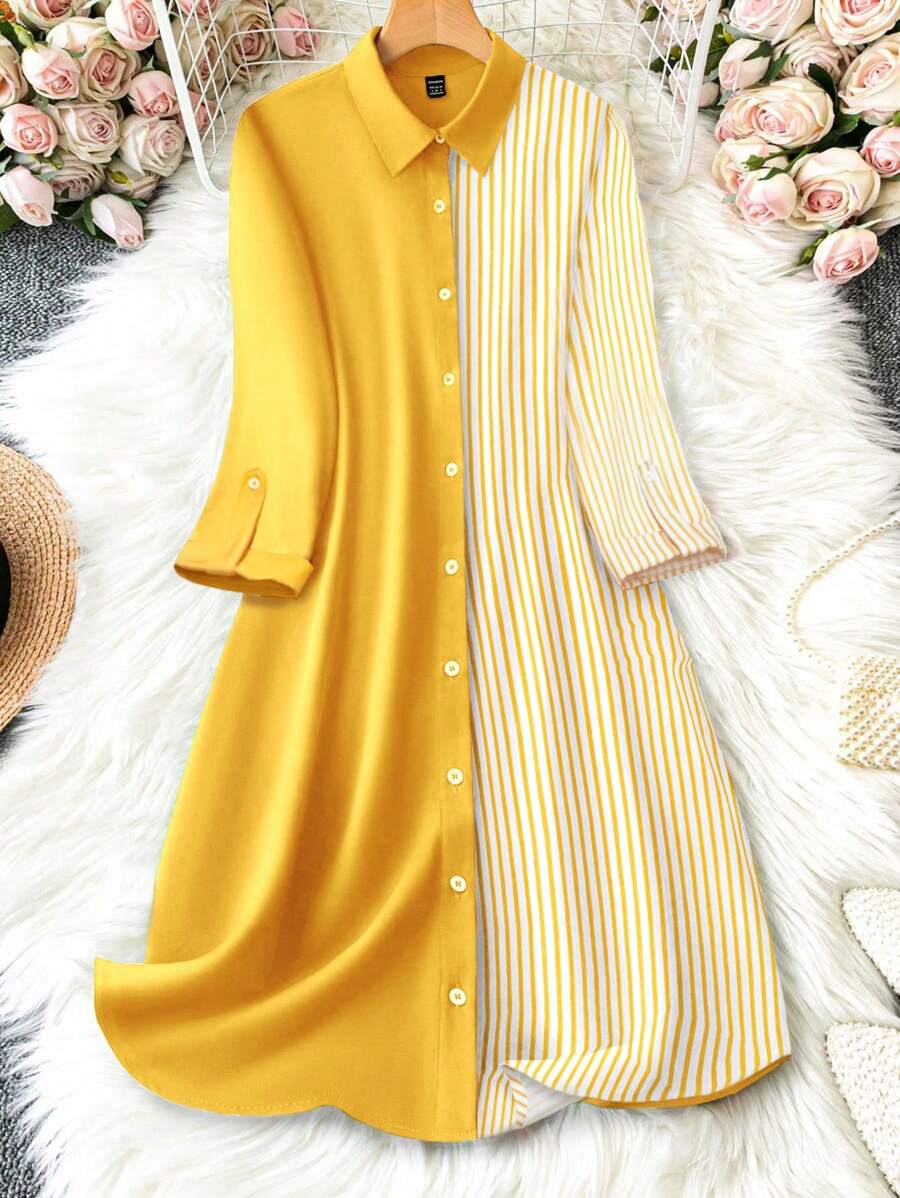 SHEIN Unity Váy sơ mi cài nút kẻ sọc khối màu giản dị cho kỳ nghỉ - Màu vàng - Xem 1