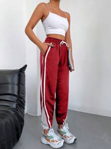 RueChic 95% Cotton Contrast Tape Drawstring Waist Slant Pocket Sweatpants - Red - View 5