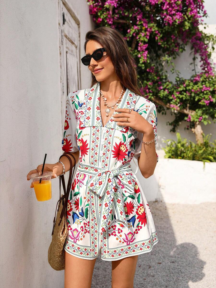 SHEIN VCAY Mono de mujer de manga corta, adecuado para el verano - Multicolor - Ver 1