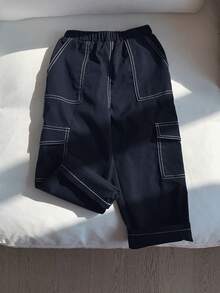 SHEIN 1 件装年轻男孩休闲宽松直筒平纹梭织裤，街头风格 - 藏蓝色 - 查看 2