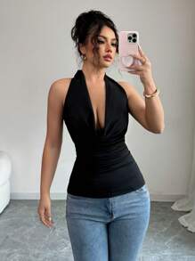 Selianne Camiseta de cuello de cowl de punto reversible con elástico - Negro - Ver 1