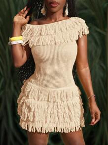 Slaydiva 全新夏季度假休闲百搭百搭休闲邮轮旅行海滩日光浴露肩流苏纹理面料下摆流苏女式迷你连衣裙